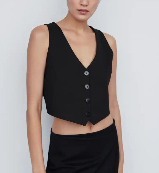 Black Straight-Cut Cropped V-Neck Waistcoat