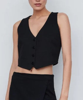 Black Straight-Cut Cropped V-Neck Waistcoat