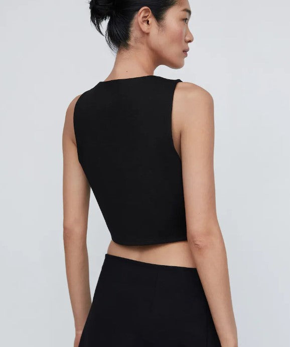 Black Straight-Cut Cropped V-Neck Waistcoat