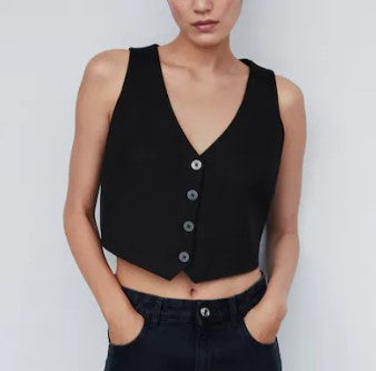 Black Straight-Cut Cropped V-Neck Waistcoat