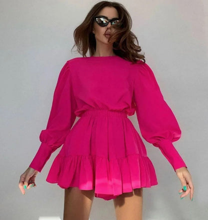 Vibrant Long Sleeve Flounce Hem Mini Dress